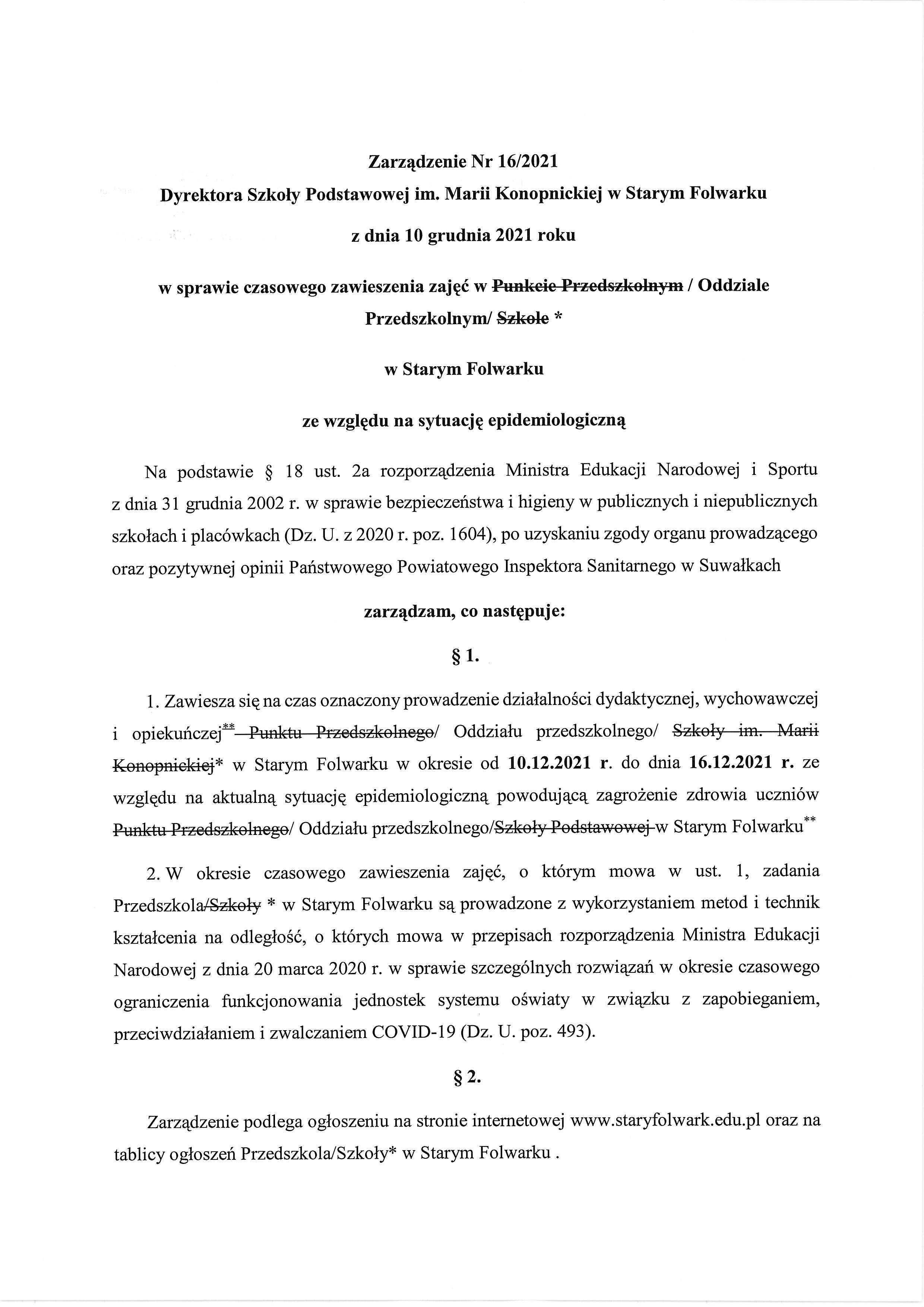 Zarządzenie Dyrektora w sprawie zawieszenia zajęć w Oddziale Przedszkolnym