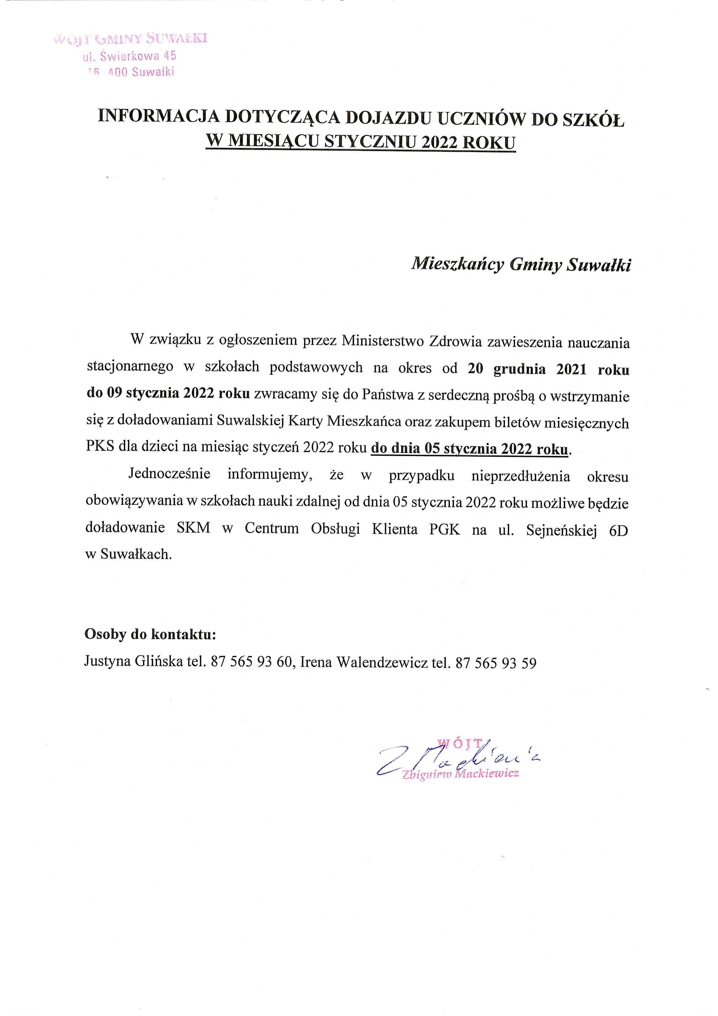 INFORMACJA DOTYCZĄCA DOJAZDU UCZNIÓW DO SZKÓŁ W MIESIĄCU STYCZNIU