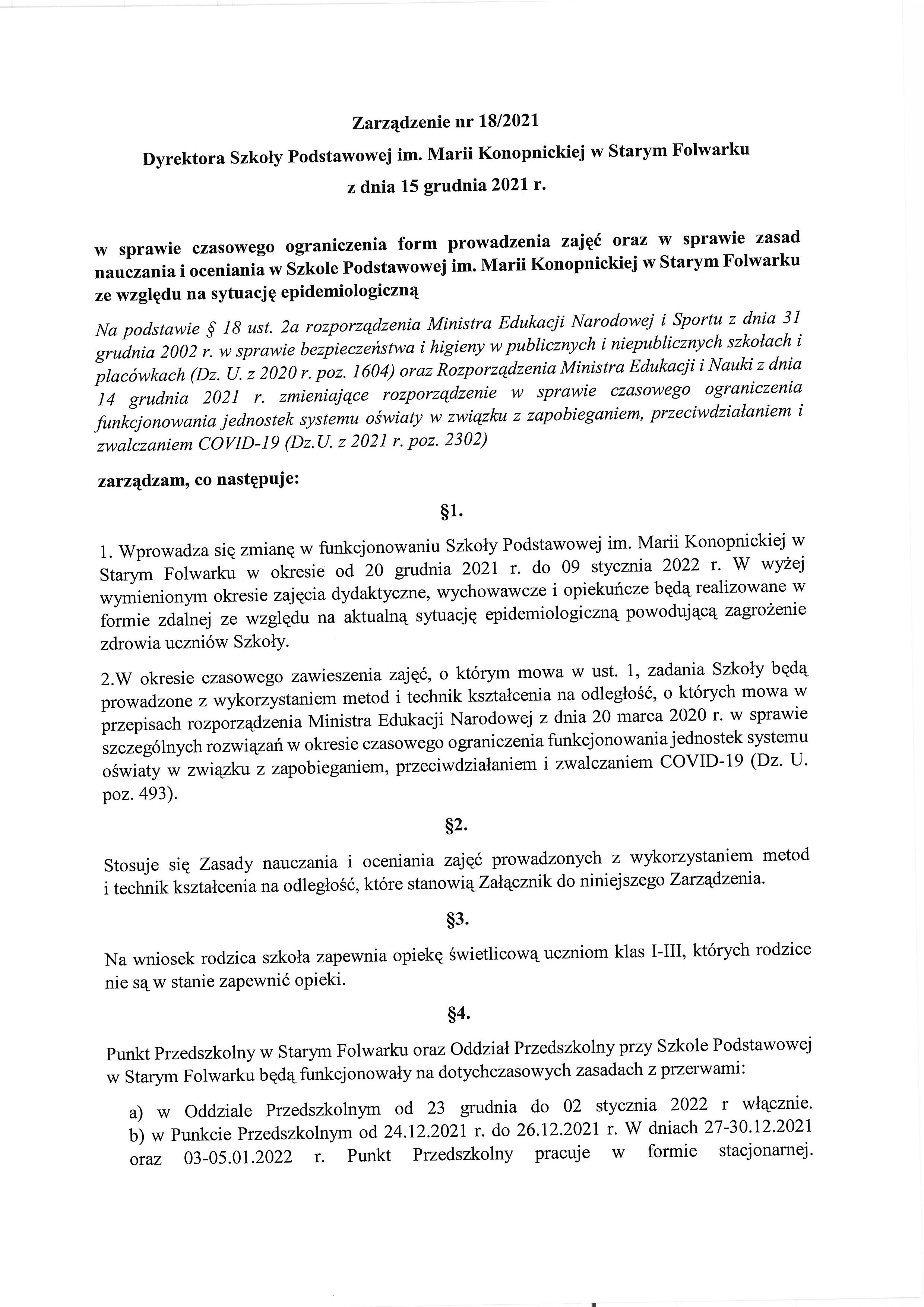 Zarządzenie Dyrektora w sprawie czasowego ograniczenia form prowadzenia zajęć