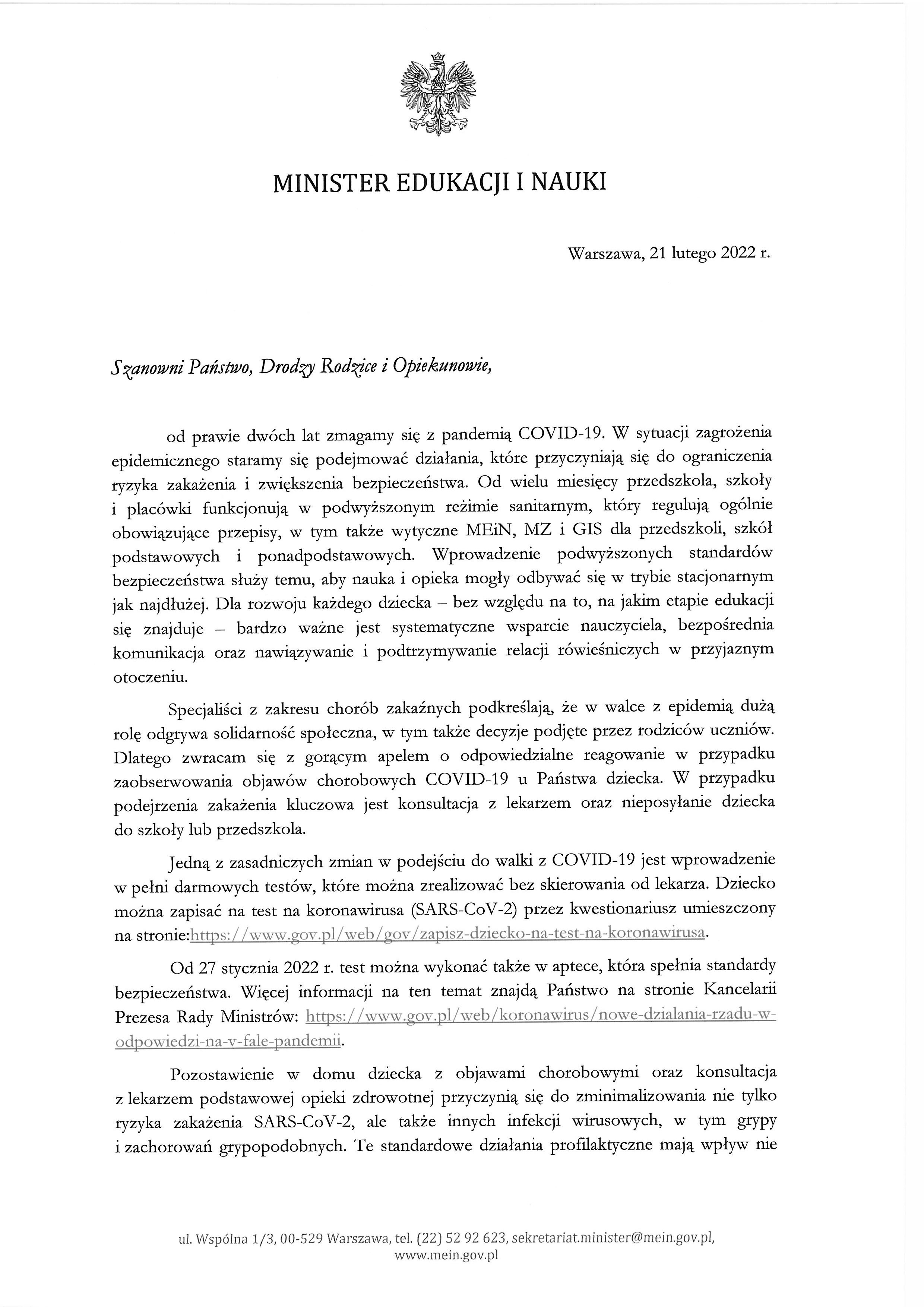 List Ministra Edukacji i Nauki do rodziców