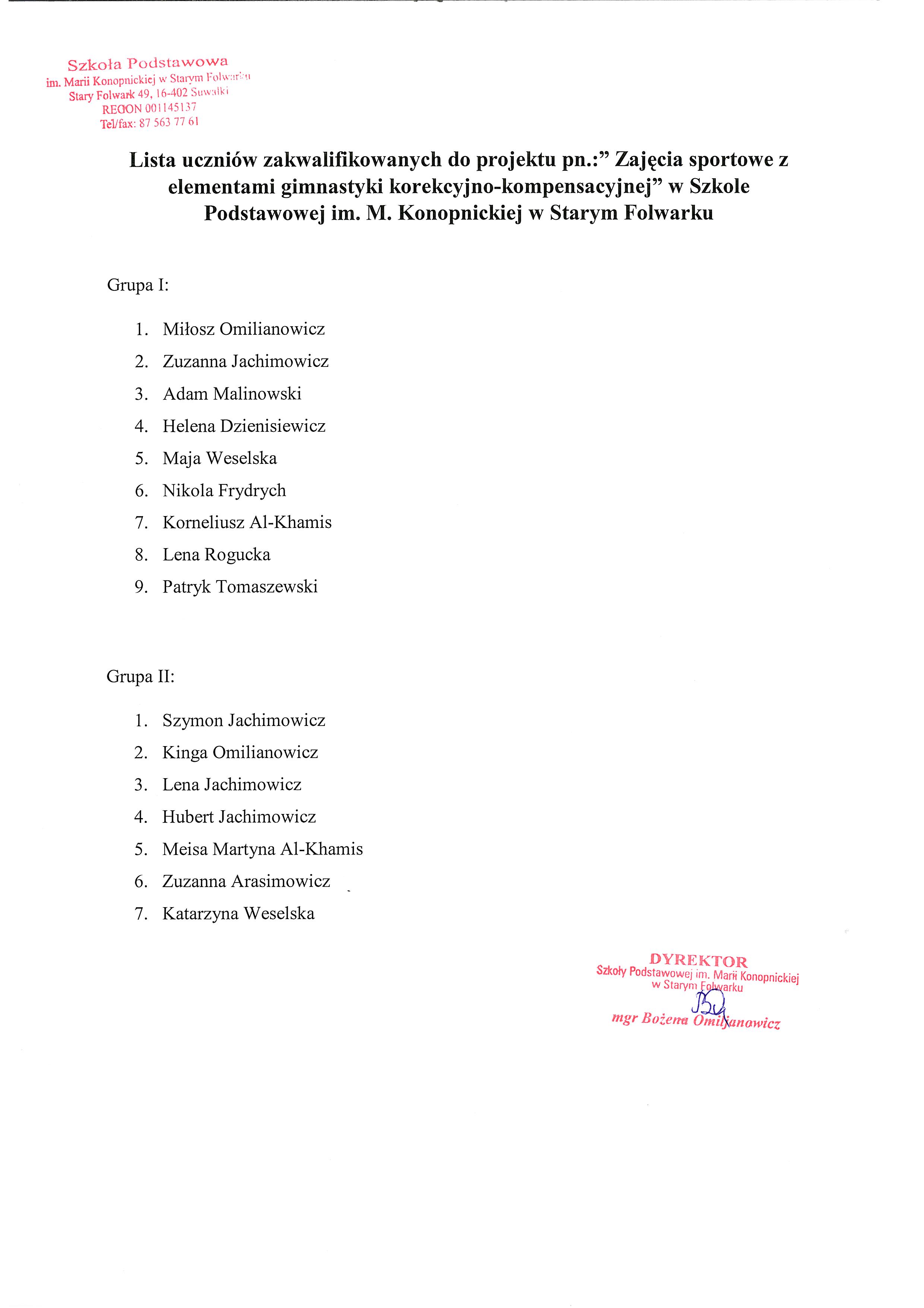 Lista uczniów zakwalifikowanych do projektu pn.:” Zajęcia sportowe z elementami gimnastyki korekcyjno-kompensacyjnej” w Szkole Podstawowej im. M. Konopnickiej w Starym Folwarku