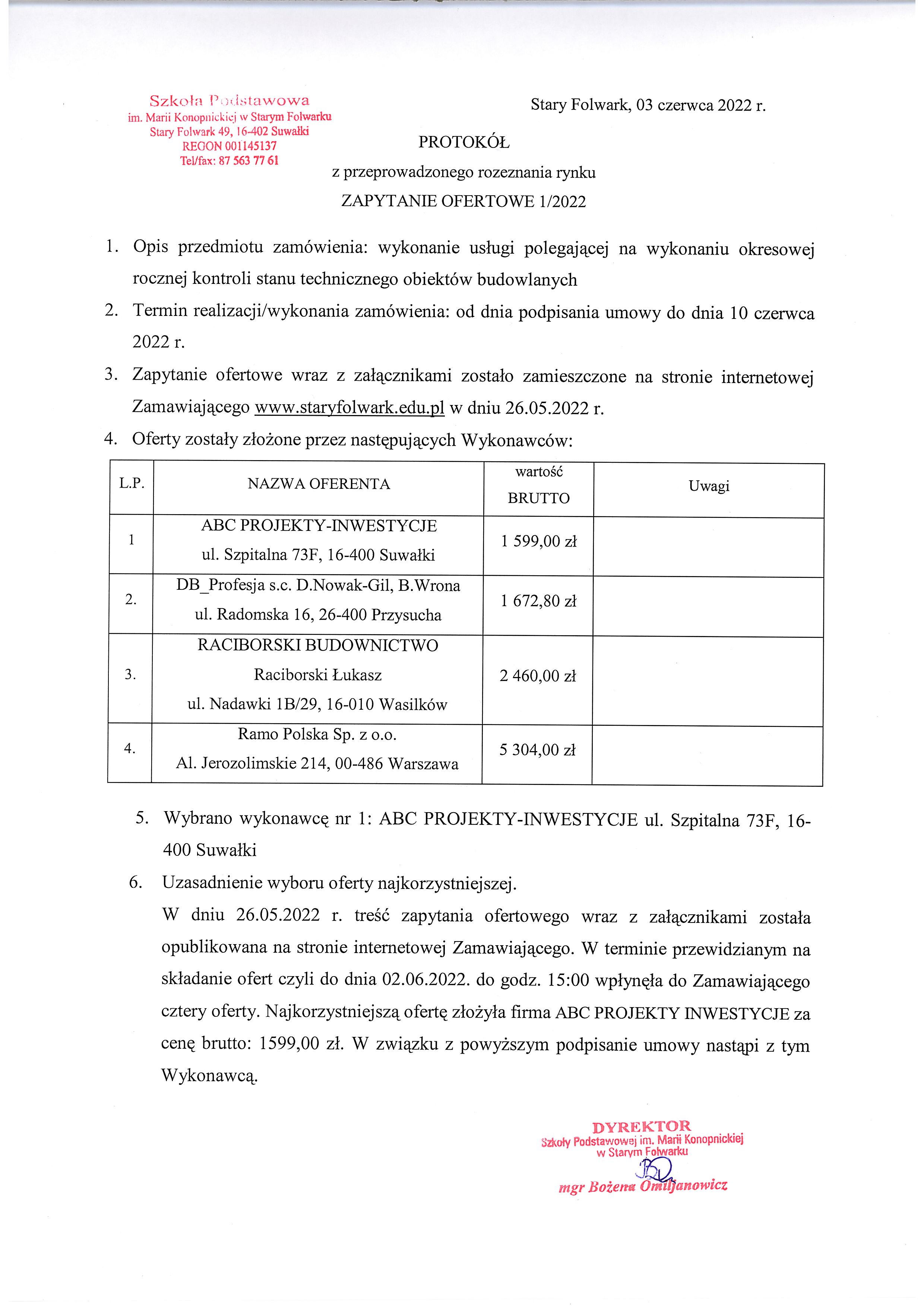 Protokół z przeprowadzonego rozeznania rynku