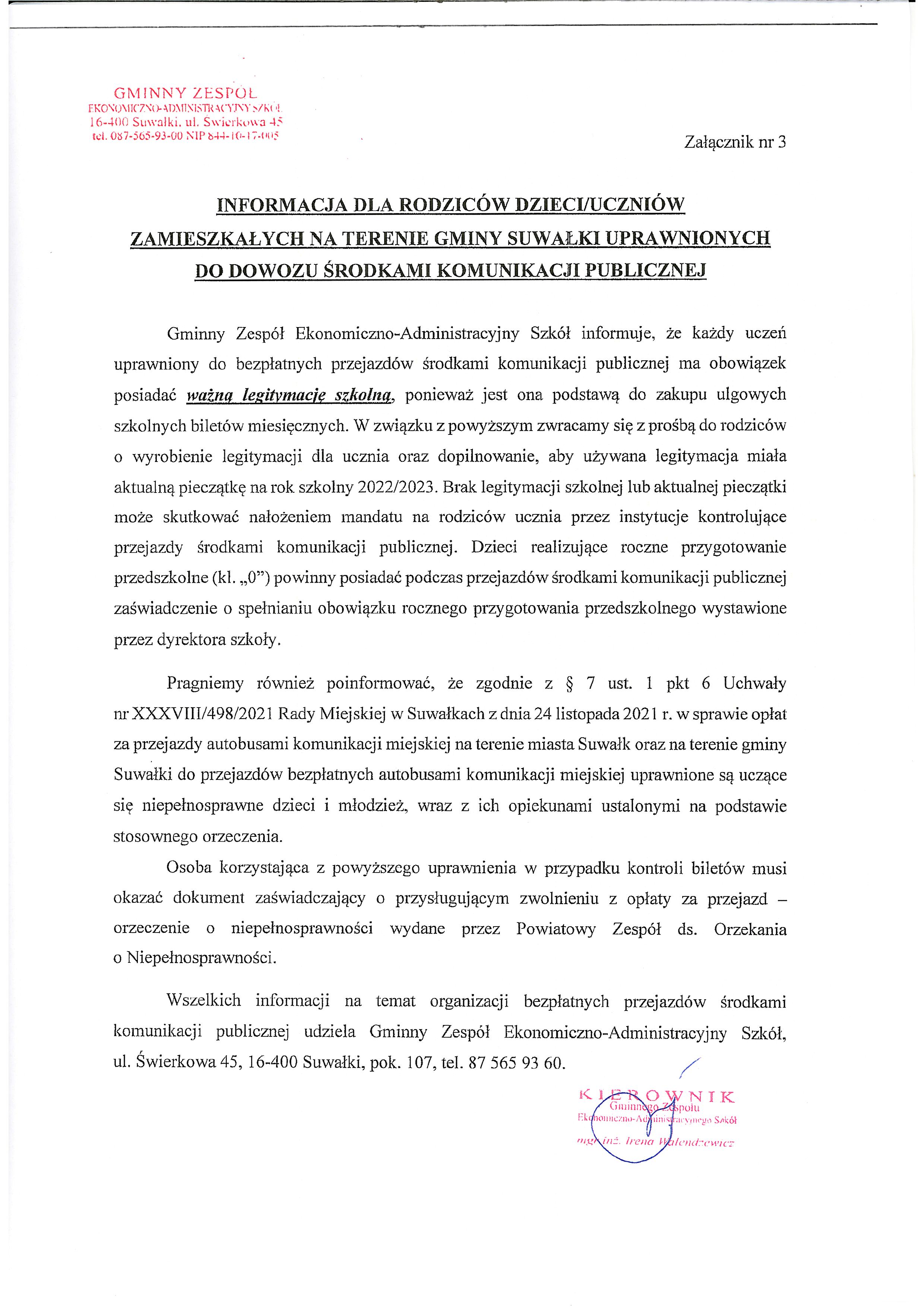 Dowóz do szkoły – informacja dla rodziców