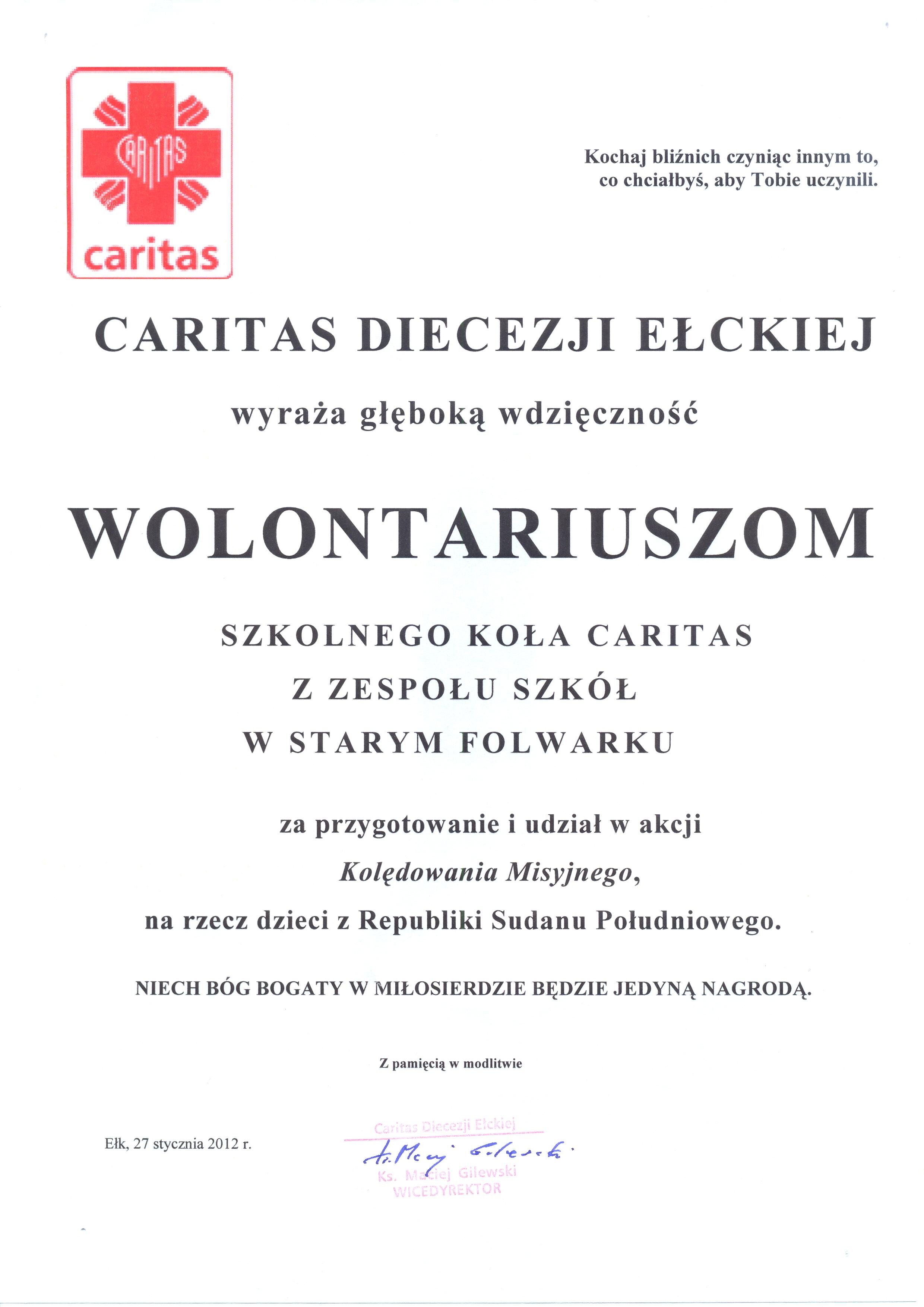 Podziękowania za Kolędowanie misyjne