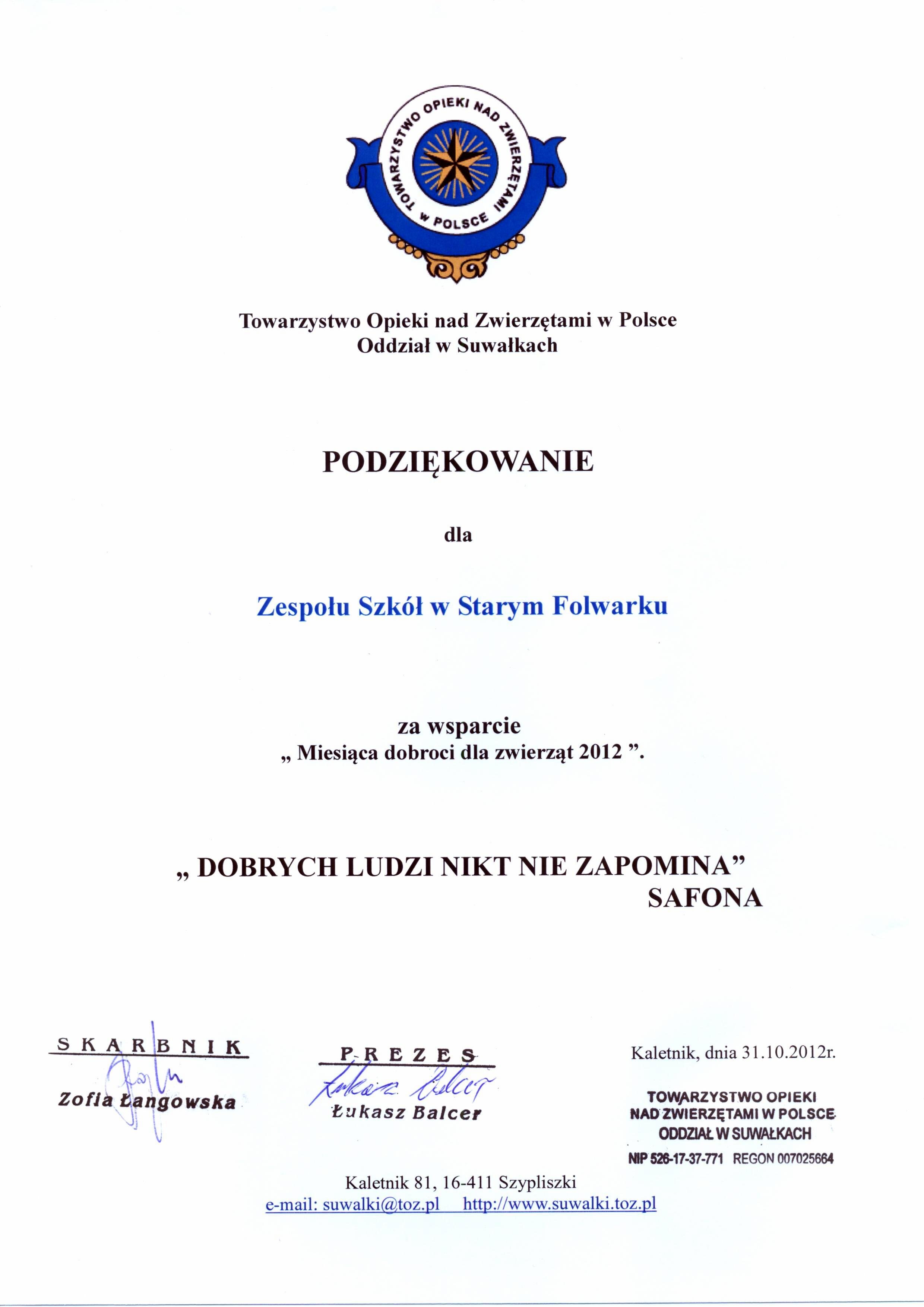 Podziękowanie od Suwalskiego TOZ