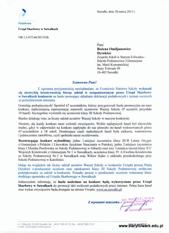 Urząd Skarbowy dziękuje klasie III SP