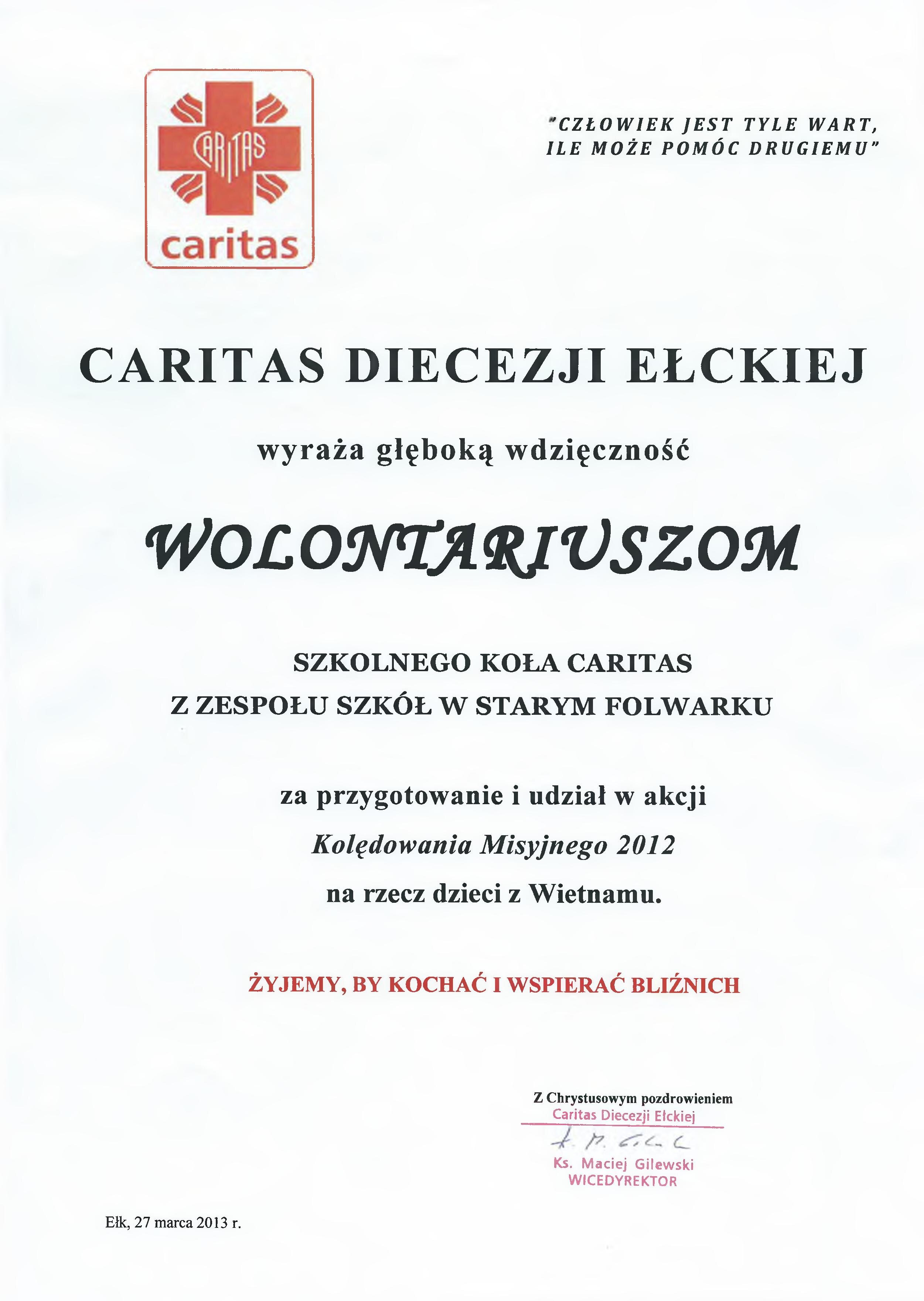 Podziękowanie za Kolędowanie Misyjne 2012