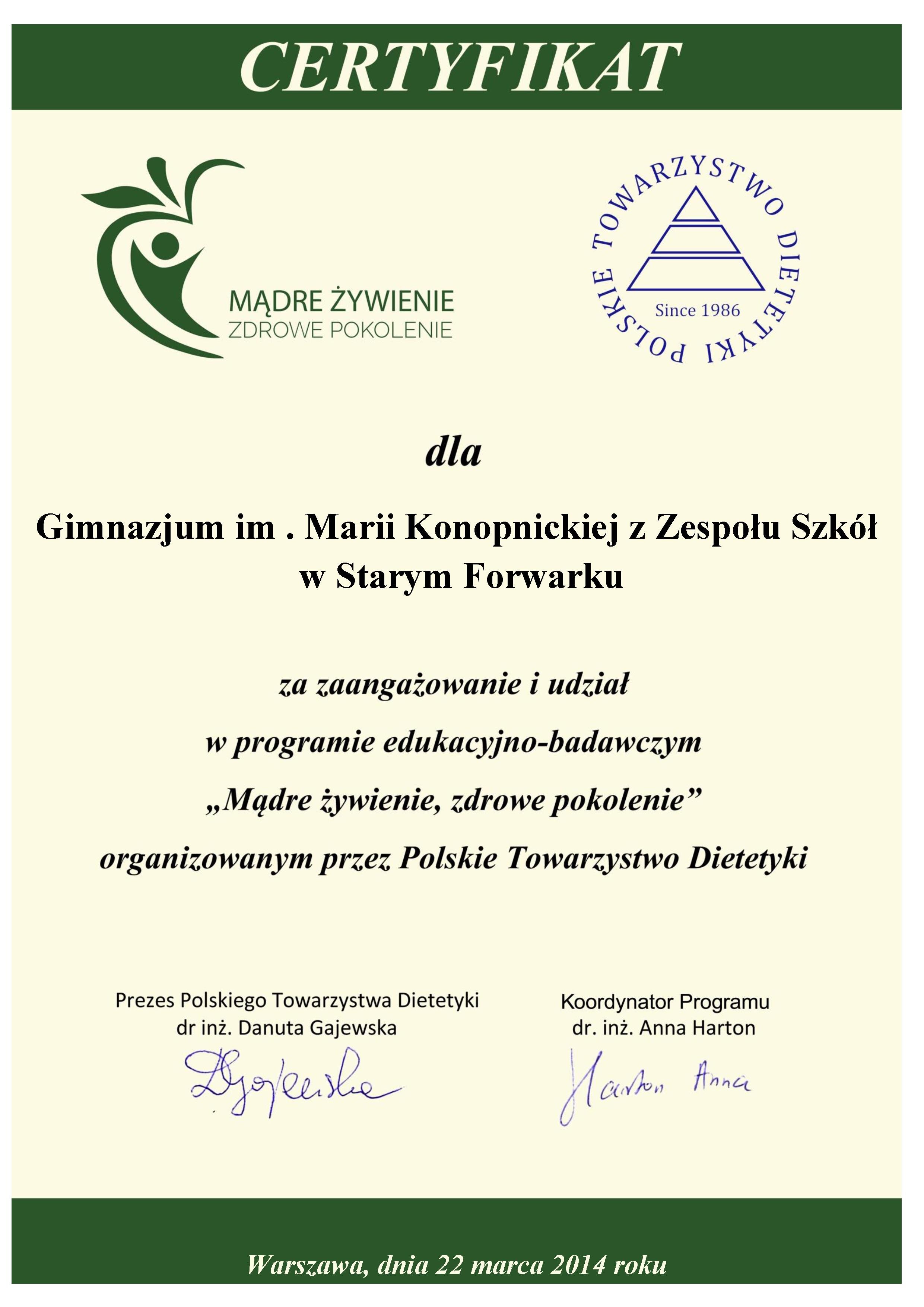 Certyfikat Mądre żywienie – zdrowe pokolenie